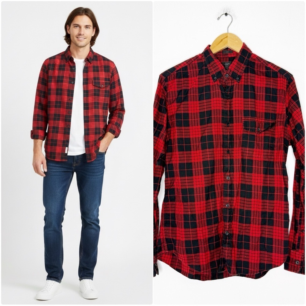 J.Crew Slim Fit Flannel Shirt Men’s Medium Red Black Plaid 100% Cotton